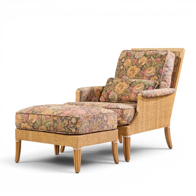Contemporary McGuire Umbria Rattan and Wicker Lounge Chair With Ottoman For Sale - Image 3 of 10