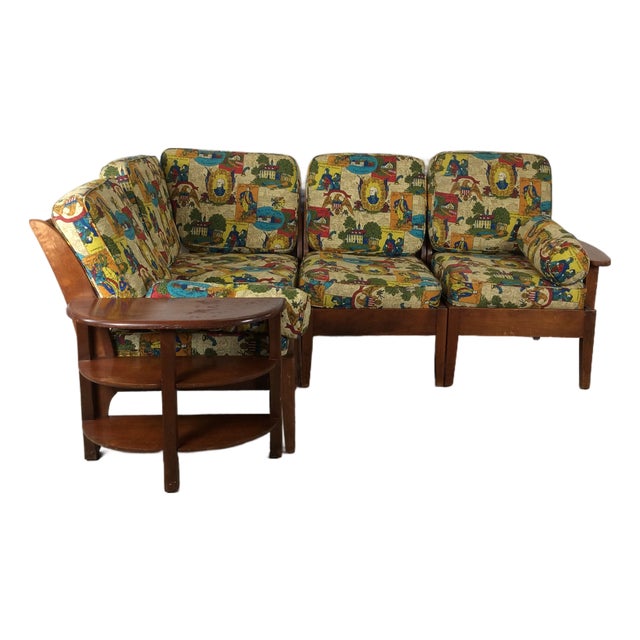 Mid Century Maple Three Piece Sectional Sofa With Shelving and Vintage Colonial Patterned Upholstery For Sale