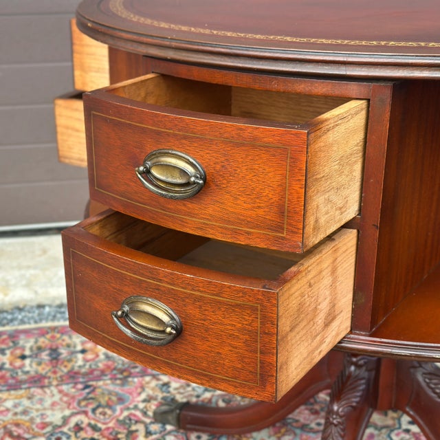 Early 20th Century Vintage Regency Style Mahogany Rotating Drum Tooled Leather Top Rent Table For Sale - Image 5 of 12