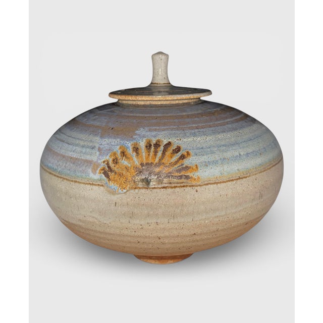 Blue Large Vintage Studio Pottery Covered Jar – Wheel-Thrown Stoneware Lidded Vessel With Brushwork, Signed (1970s–80s) For Sale - Image 8 of 12