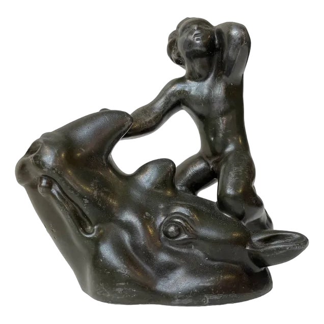 Vintage Art Deco Figurine with Boy on Rhino by Just Andersen, 1930s For Sale