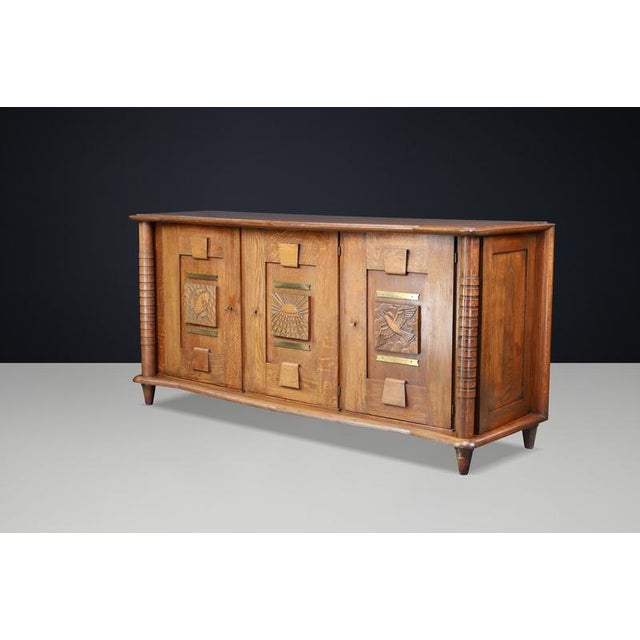 French Art Deco Oak and Brass Sideboard with Carved Reliefs, 1930s For Sale - Image 18 of 18