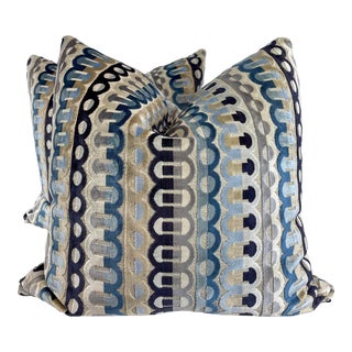 Geometric Cut Velvet Stripe in Blue 22" Pillows-A Pair For Sale