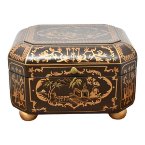 Vintage Chinoiserie Painted Box With Flip Top & Felt Lined