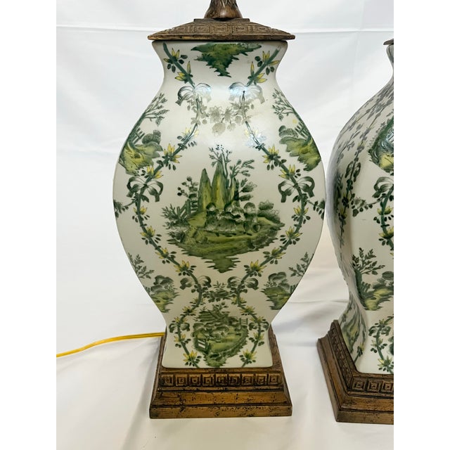 Mid 20th Century Chinoiserie Hand Painted Green Floral Vintage Lamps – A Pair For Sale - Image 9 of 10