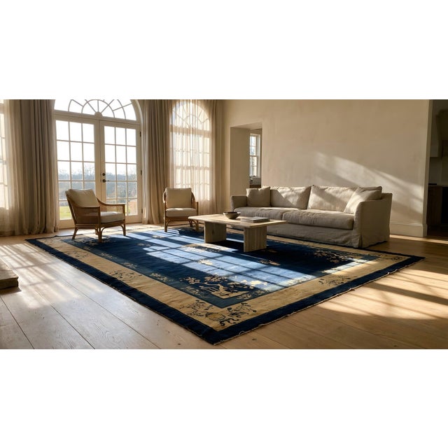 1900s Deep Navy Blue Open Field Chinoiserie Antique Chinese Peking Rug For Sale - Image 13 of 14
