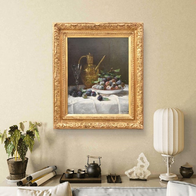 The antique paintings, still life category presents a refined still life with plums and fruit, painted in oil on canvas,...