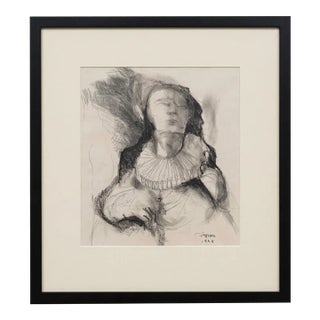 Iranian Artist Original Charcoal Drawing Signed 1362 1983 Framed Figure Art For Sale