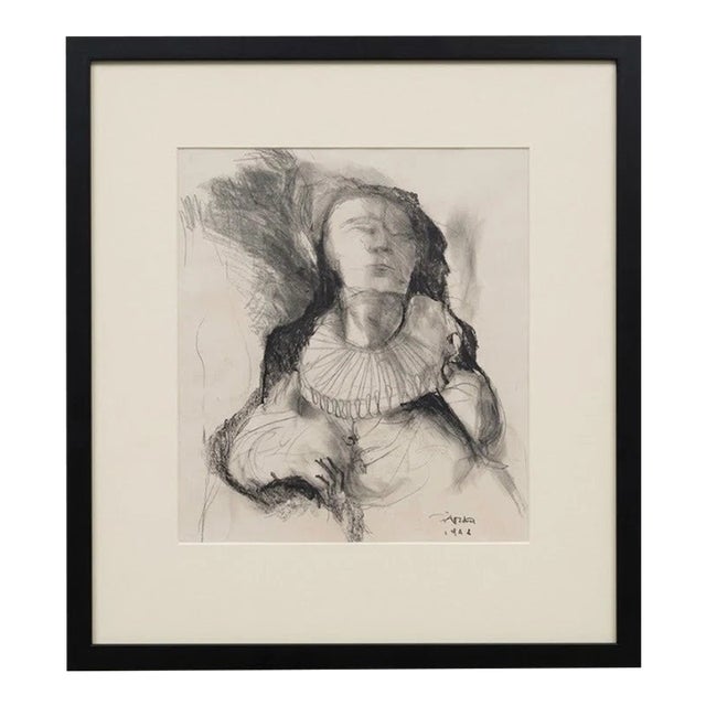 Iranian Artist Original Charcoal Drawing Signed 1362 1983 Framed Figure Art For Sale