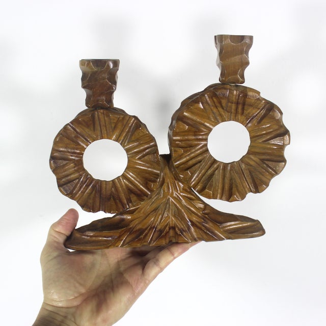 Mid 20th Century Spanish Brutalist Carved Olive Wood Two Arm Handmade Wooden Candelabra For Sale - Image 10 of 11