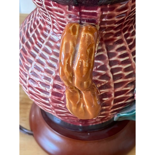 Maroon Vintage Barbotine Table Lamp With Wicker Shade For Sale - Image 8 of 12
