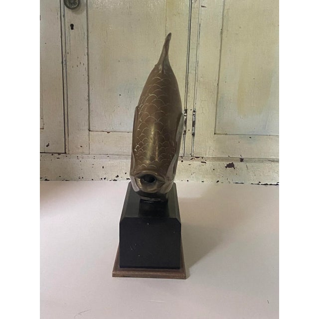 Vintage 1980s Bronze or Brass Fish Sculpture on Wooden Base For Sale - Image 4 of 9