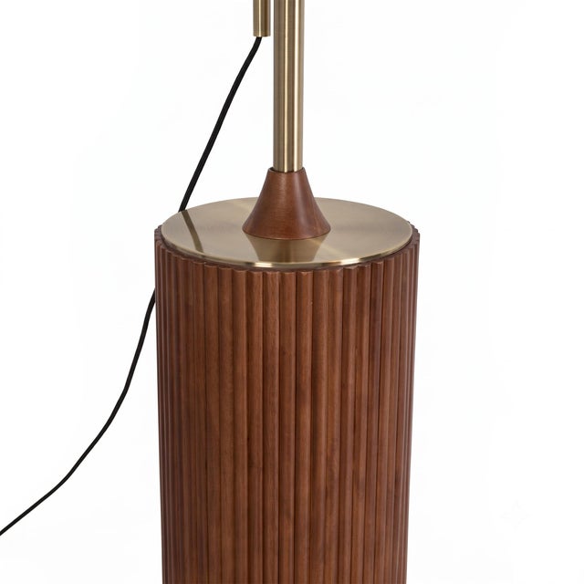 1980s Nova of California Tambo Brass Floor Lamp - 92 Mid Century Arc Lamp, Dark Walnut Base, White Linen Shade, Dimmable For Sale In Los Angeles - Image 6 of 8