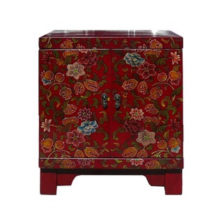Chinese Red Lacquer Color Flowers End Table For Sale
