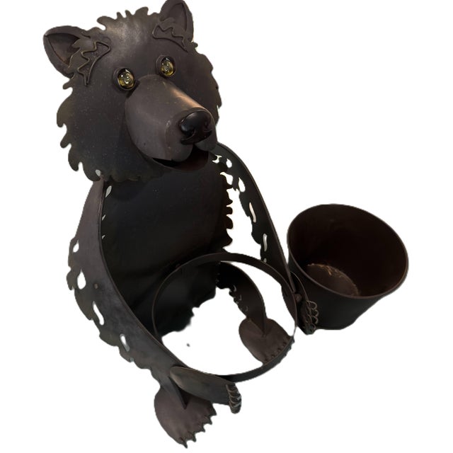Vintage Hand-Crafted Artisan Metal Bear Sculpture Luminary & Planter For Sale In Greenville, SC - Image 6 of 17