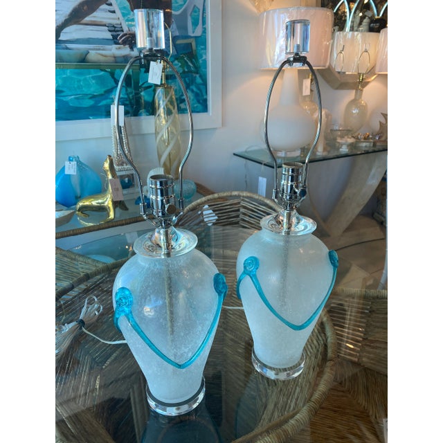 Aqua Vintage Murano Frosted Aqua Glass Lucite Table Lamps Newly Restored -A Pair For Sale - Image 8 of 12