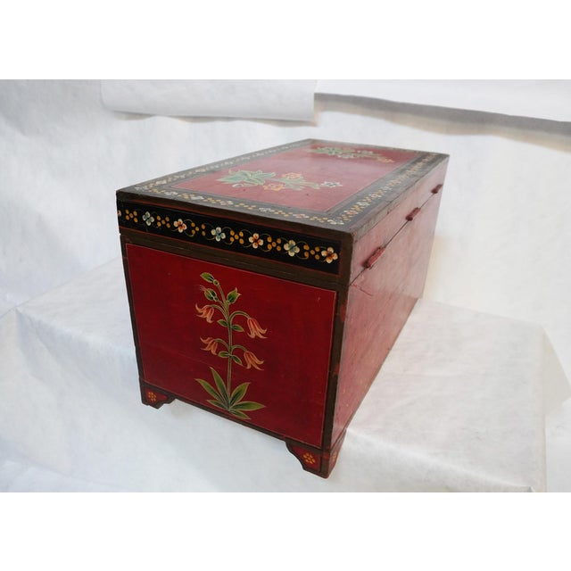 Folk Red Painted Chest With Floral Motifs For Sale - Image 12 of 17