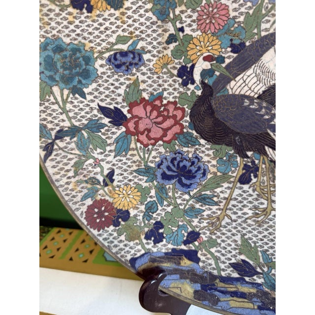 Brown Large Meiji Japanese Cloisonne Enamel Charger Cranes Peonies Butterfly Floral For Sale - Image 8 of 12