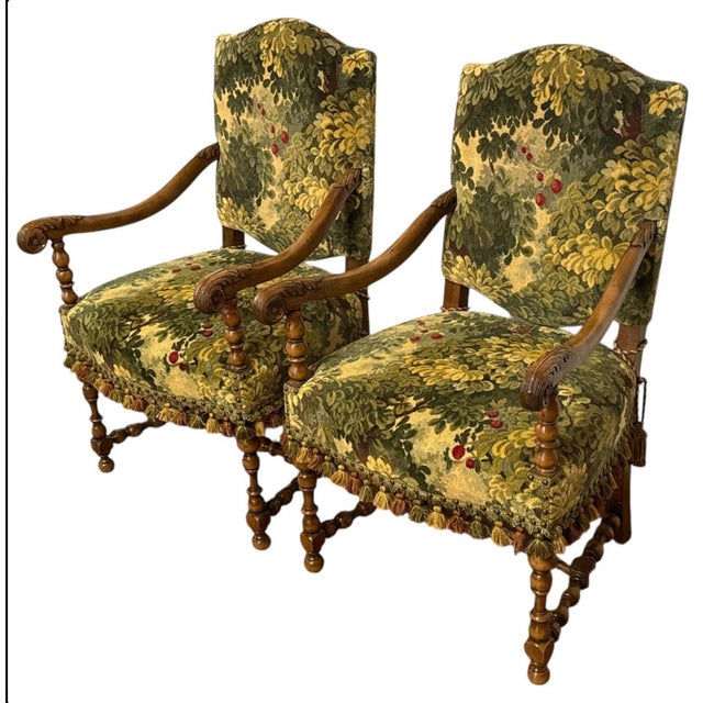 French Pair of Late 20th Century French Louis XVI Style Armchairs, Scalamandre Marley Forest Green Fabric & Trim For Sale - Image 3 of 9
