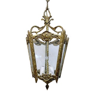 Vintage Bronze Lantern With Etched Glass Panels For Sale