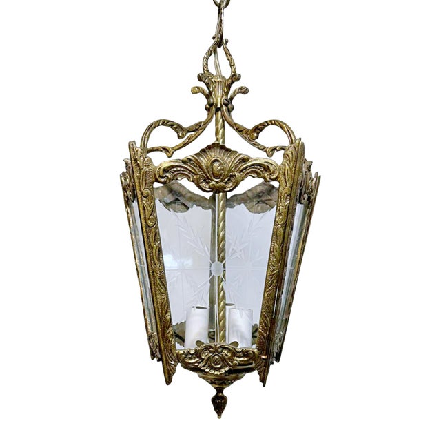 Vintage Bronze Lantern With Etched Glass Panels For Sale
