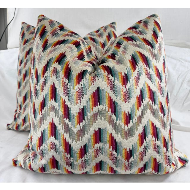 2020s Chevron Cut Velvet in Rainbow 22” Pillows-A Pair For Sale - Image 5 of 5