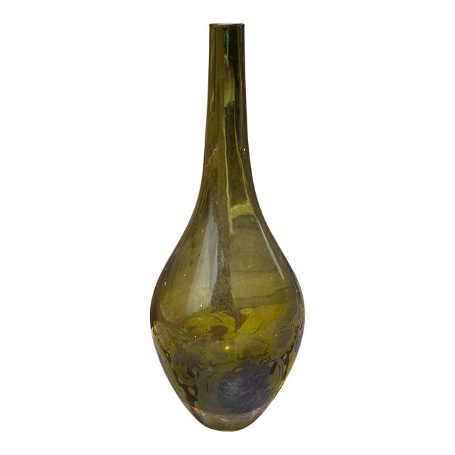 1970s Green Glass Skinny Neck Vase For Sale