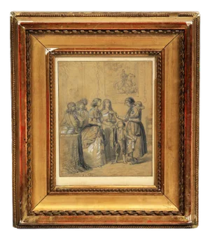 French School Artist, L'aumône, 19th Century, Black Pencil & White Gouache, Framed