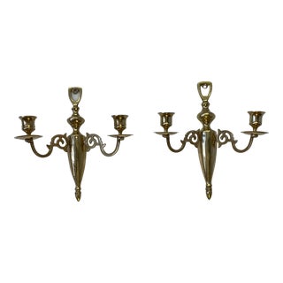 Mid 20th Century Federal Brass Candle Holder Wall Sconces, 2 Arm - a Pair For Sale