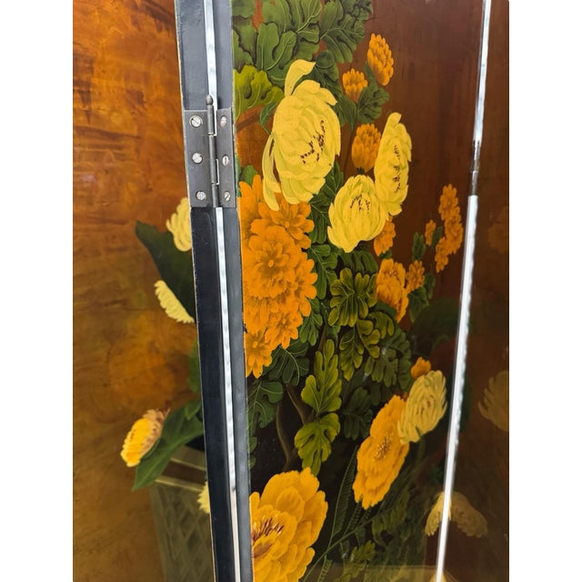 Vintage Hand Painted Four Paneled Room Screen With Gold Background, Floral Planter & Checkered Floor For Sale - Image 4 of 10