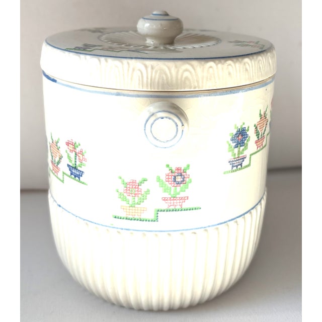 1940’s Trompe L’oeil Needlepoint Japanese Ceramic Biscuit Jar For Sale - Image 4 of 9