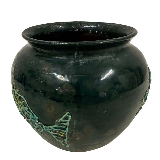 Vintage Decorative Pottery Fish Jar With Dark Green Glaze For Sale - Image 4 of 8