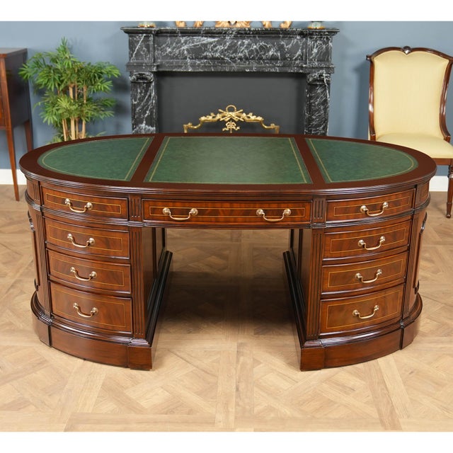 Wood Green Leather Oval Partners Desk For Sale - Image 7 of 14