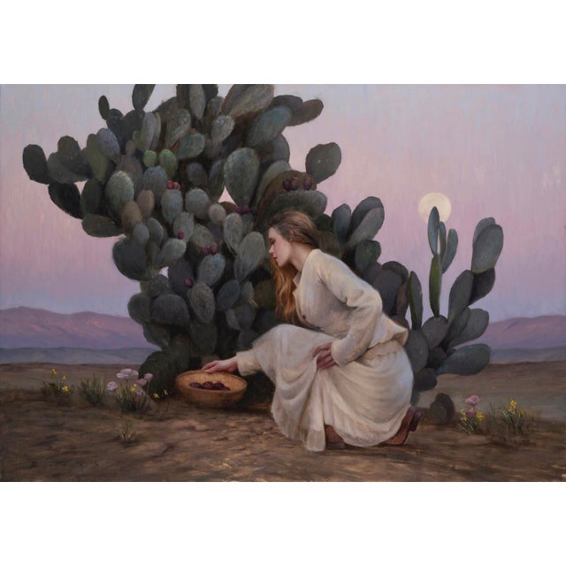 Prickly Pear by Derek Harrison | Oil on Linen Woman gathering fruit near a cactus plant. For Sale