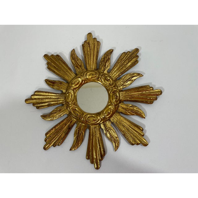 1950s French Petite 11" Giltwood Sunburst Wall Mirror For Sale - Image 4 of 18