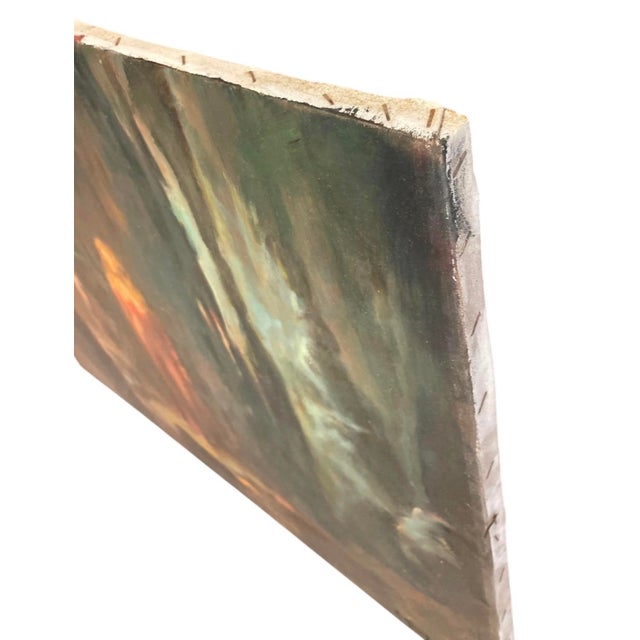 This atmospheric original vintage oil painting on stretched canvas captures a deeply dramatic, ethereal scene set within a...
