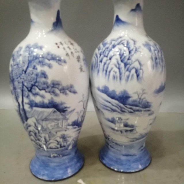 Metal Pair of Vintage Chinese Cloisonné Vases | Blue & White Landscape Scene With Calligraphy For Sale - Image 7 of 9