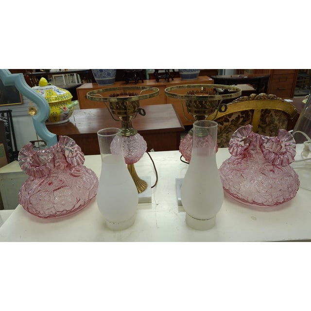 Mid 20th Century Fenton Art Glass and Marble Hurricane Table Lamps - a Pair For Sale - Image 10 of 10