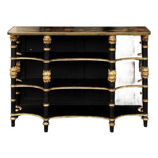 Early 20th Century English Ebonized Three-Tiered Shelf with Chinoiserie Decor and Gilded Accents For Sale