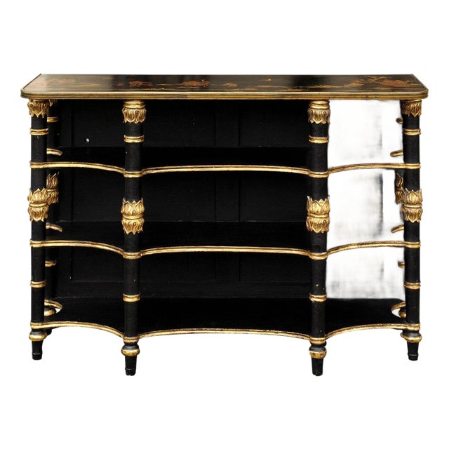 Early 20th Century English Ebonized Three-Tiered Shelf with Chinoiserie Decor and Gilded Accents For Sale