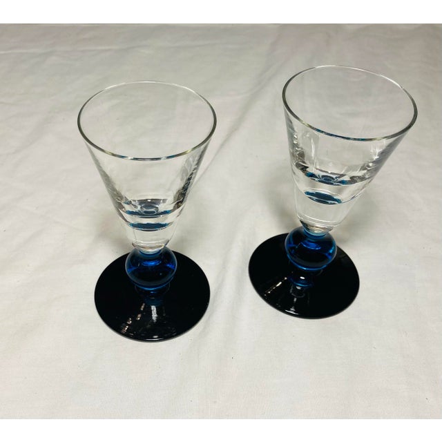 2000 - 2009 Pair of Vintage Fluted Cobalt & Clear Aperitif Cordial Glasses Ball Stems For Sale - Image 5 of 6