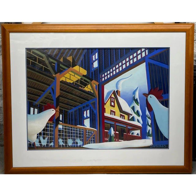 Original Wade Zahares 'Barnyard Chickens in Winter' Pastel Illustration Painting For Sale - Image 13 of 13