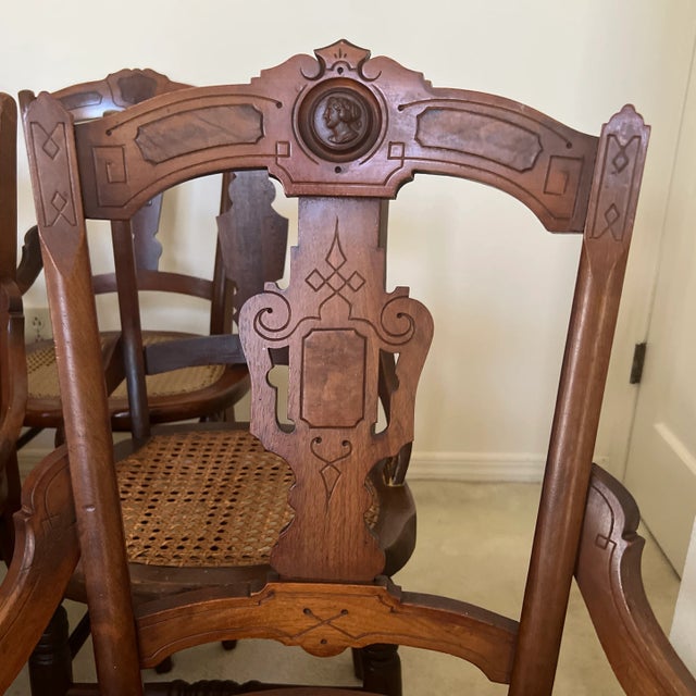 Late 19th Century Walnut Cane Bottom Chairs With Burl Inlay Set of 6