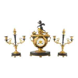 Early 19th Century Patinated & Ormolu Empire Striking Mantel Clock Set Pendule Au Vase - 3 Pieces