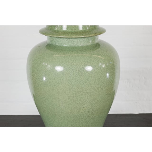 Late 20th Century Crackle Green Celadon Lidded Vase with Stylized Foo Dog Finial For Sale - Image 5 of 12