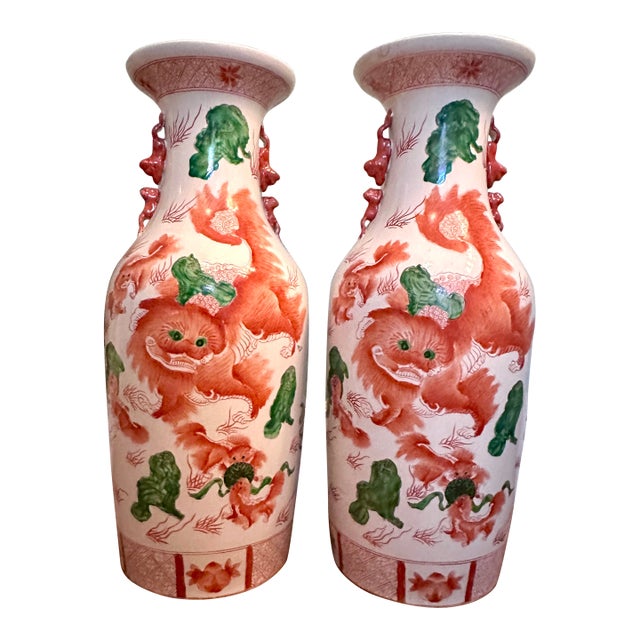 Vintage 24" Hand Painted Chinese Porcelain Jars With Foo Dogs and Inscriptions, a Pair For Sale