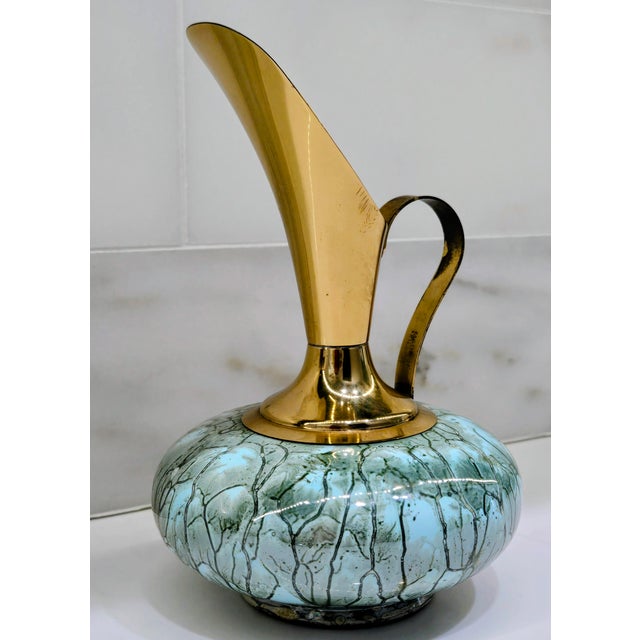 Delft 1960s Hand-Painted Delft Holland Brass and Aqua Ewer Vase For Sale - Image 4 of 9