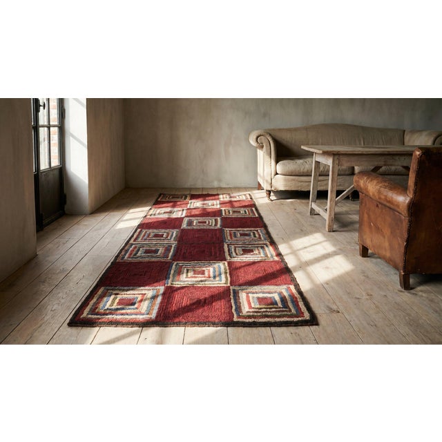 1930s Colorful Log Cabin Folk Art Antique American Hooked Rug 2' 2" X 6' 6" Handknotted Wool Carpet For Sale - Image 9 of 9