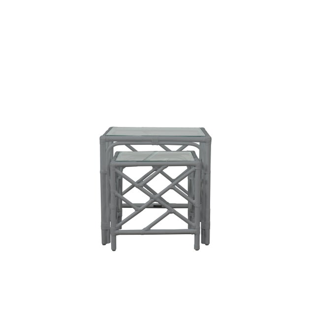 In a classic chinoiserie style, this set of two rattan nesting tables feature a rattan frame, rawhide bindings, hand...