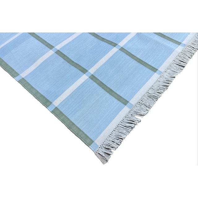 Handmade Cotton Natural Vegetable Dyed Sky Blue, Cream & Sage Green Windowpane Rug - 10'x14' For Sale - Image 6 of 10